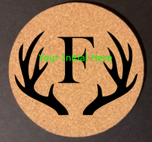 Load image into Gallery viewer, 6pc Cork Coaster Set - Engraved Antler Design w/Initial