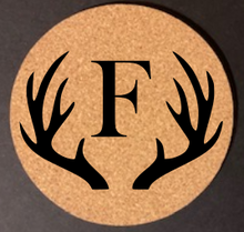 Load image into Gallery viewer, 6pc Cork Coaster Set - Engraved Antler Design w/Initial