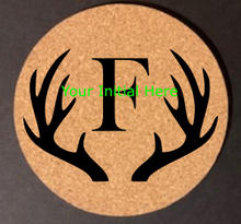 Load image into Gallery viewer, 6pc Cork Coaster Set - Engraved Antler Design w/Initial
