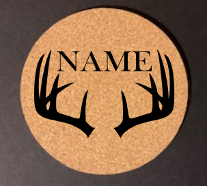 6pc - Engraved Antler Design w/Name - Cork Coaster Set