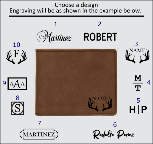 Choose a design, engraving will be as shown in the example below. Will be customized with your initials or name.